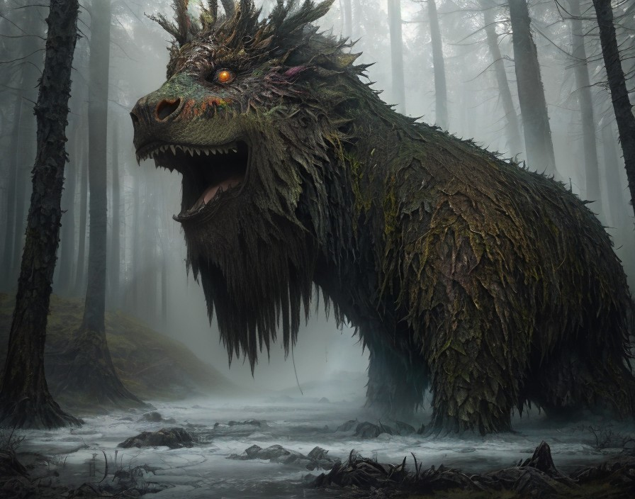 Mythical Creature in Misty Forest with Glowing Eyes