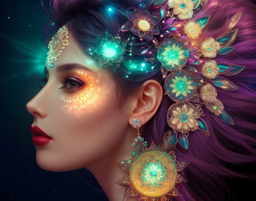 Portrait of a woman with purple hair and floral motifs