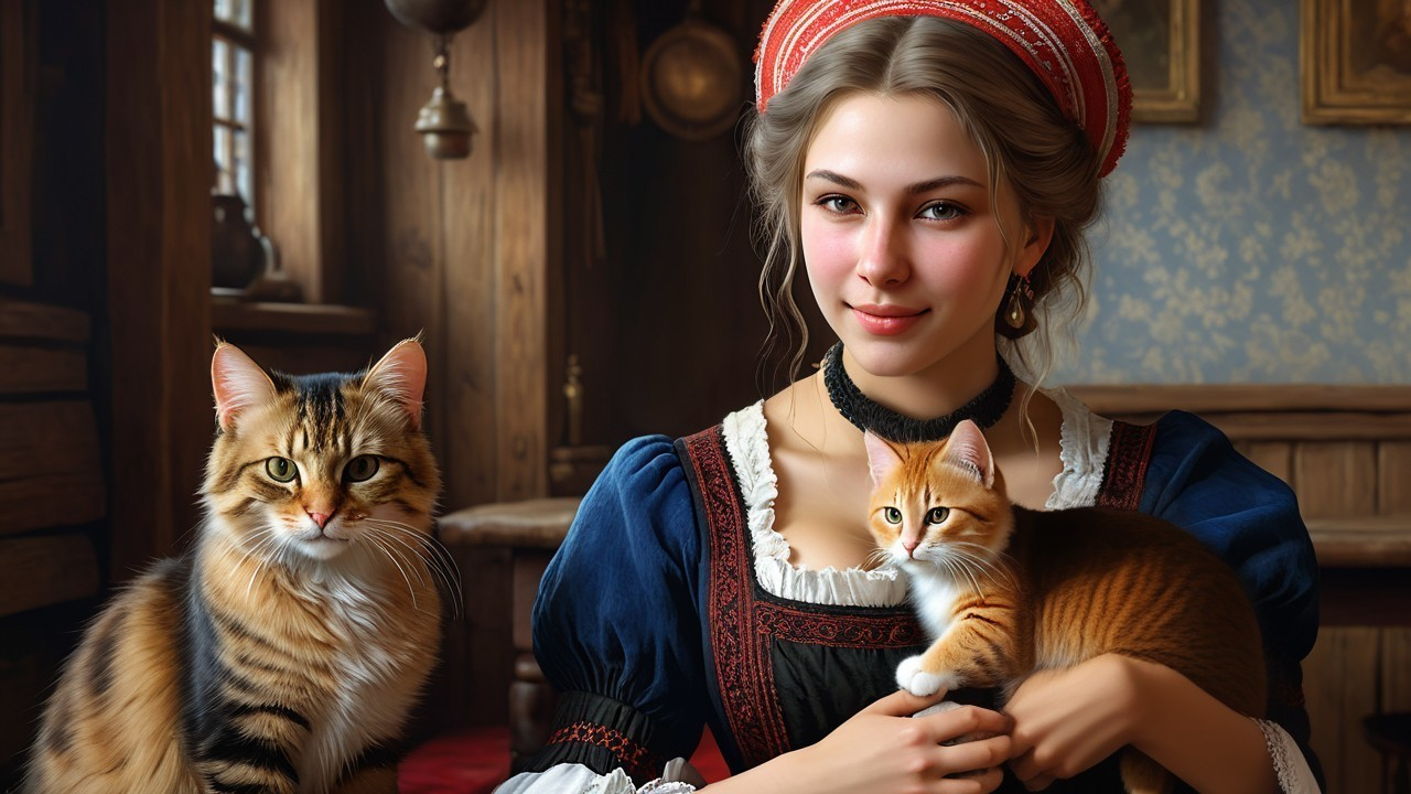Young woman in historical attire with cats in cozy room