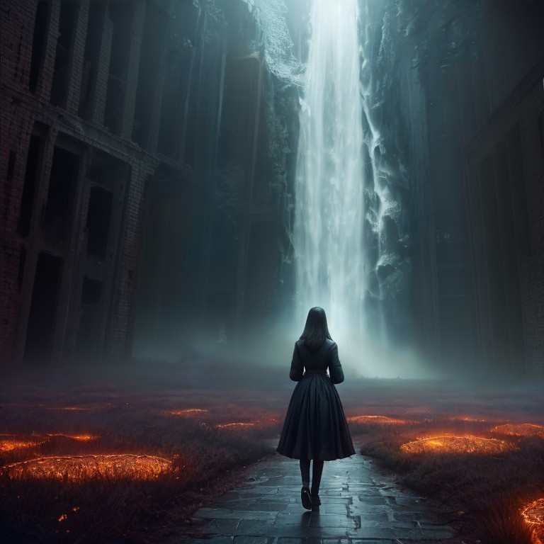Solitary Figure by Majestic Waterfall in Misty Landscape