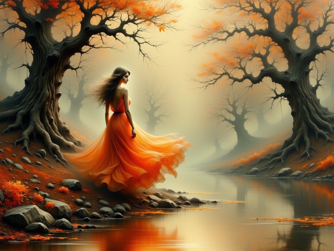 Autumn Landscape with Woman by Tranquil River