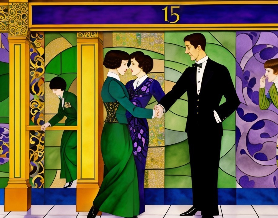 Colorful Art Deco Stained Glass with Elegant Figures