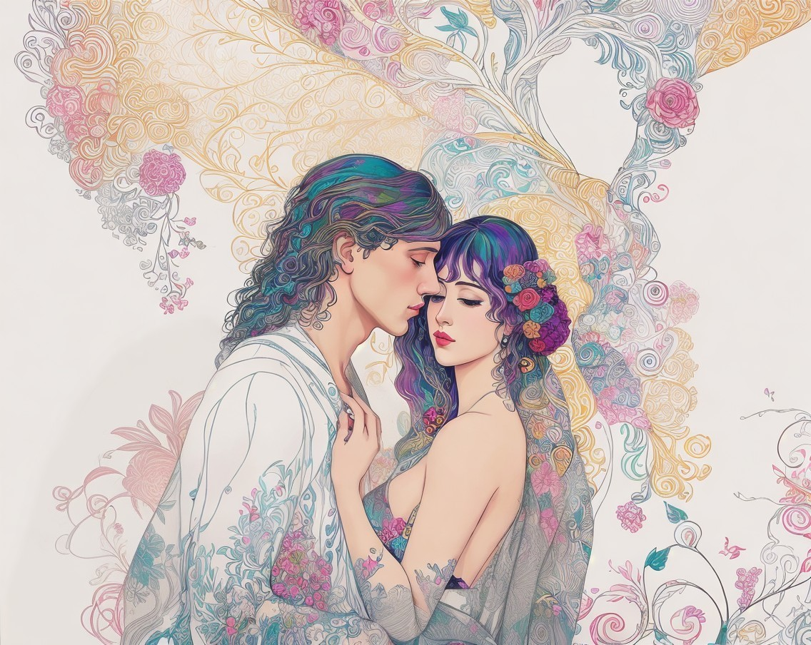Romantic couple embracing in floral digital illustration