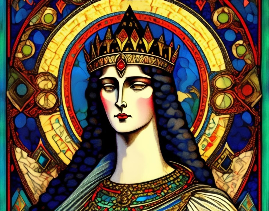 Stained Glass Artwork of a Regal Queen with Crown