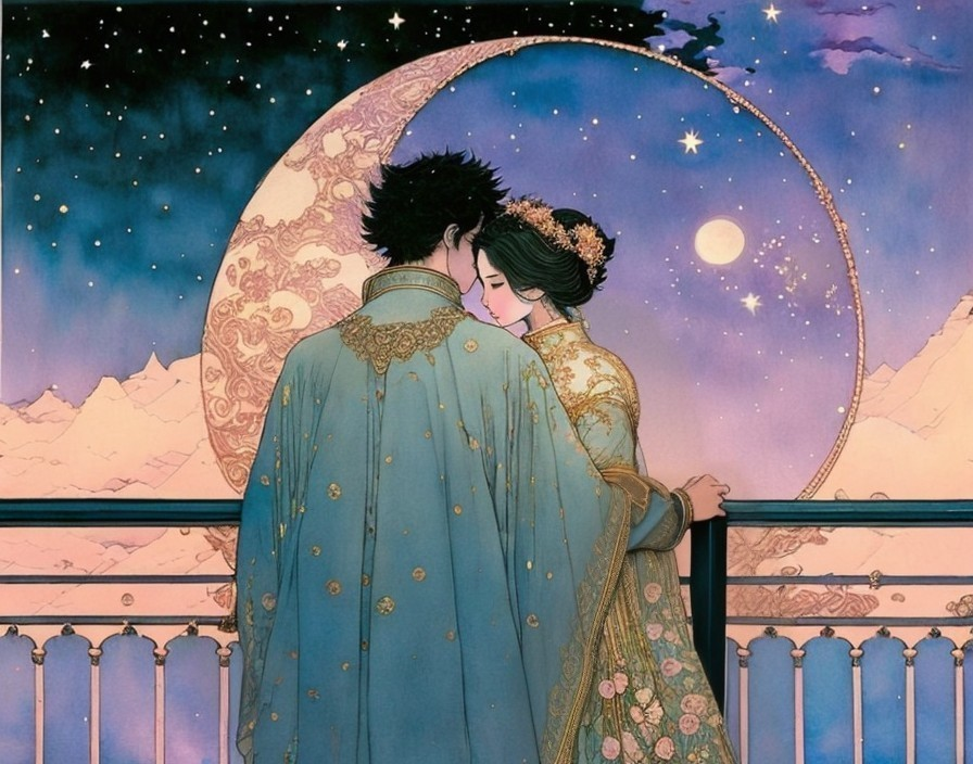 Couple Embracing on Balcony Under Moonlit Sky