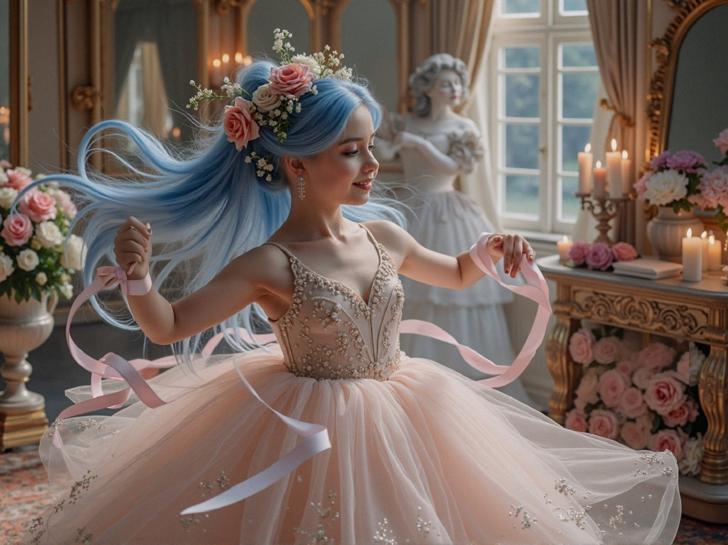 Young girl in blush pink gown in elegant room