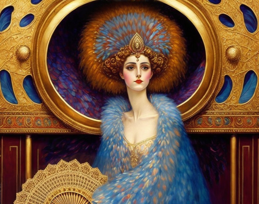 Elegant Woman in Blue Fur Coat and Crown Portrait