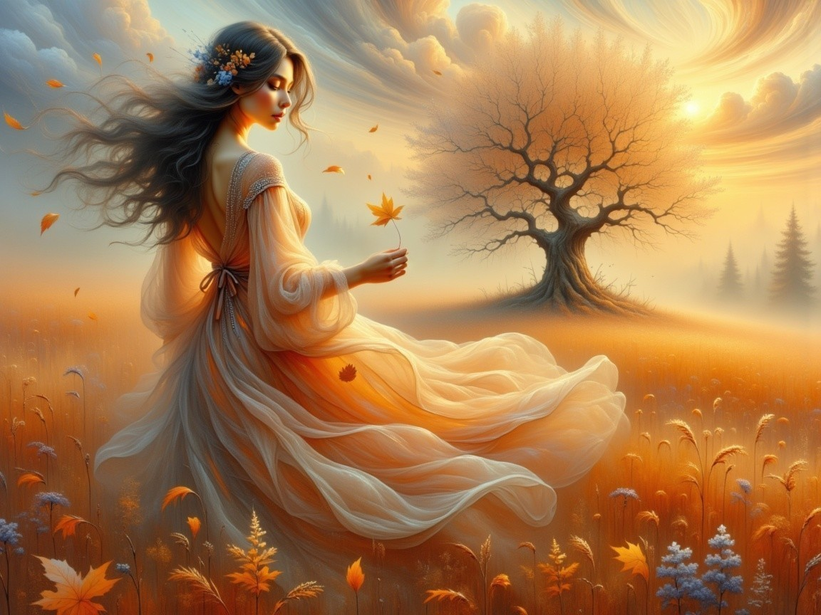 Serene Woman in Ethereal Dress Amid Autumn Landscape
