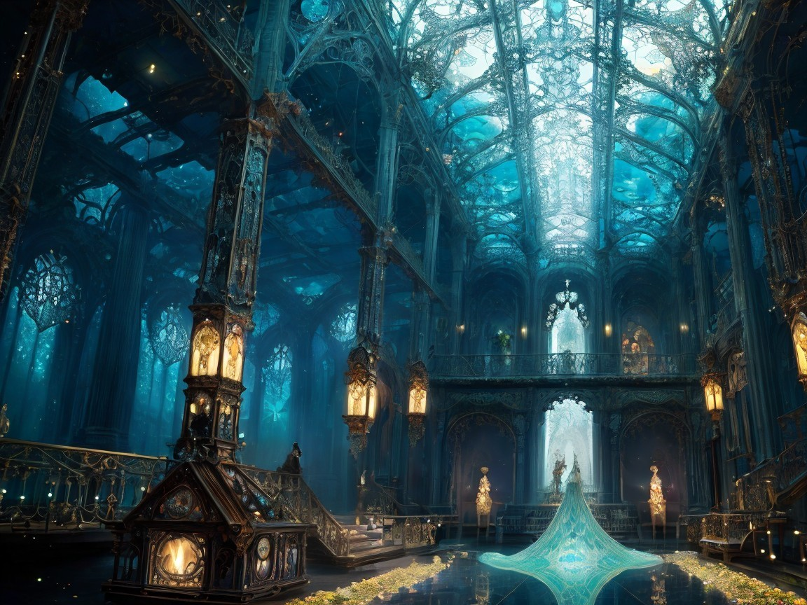 Underwater Palace with Golden Filigree and Lanterns