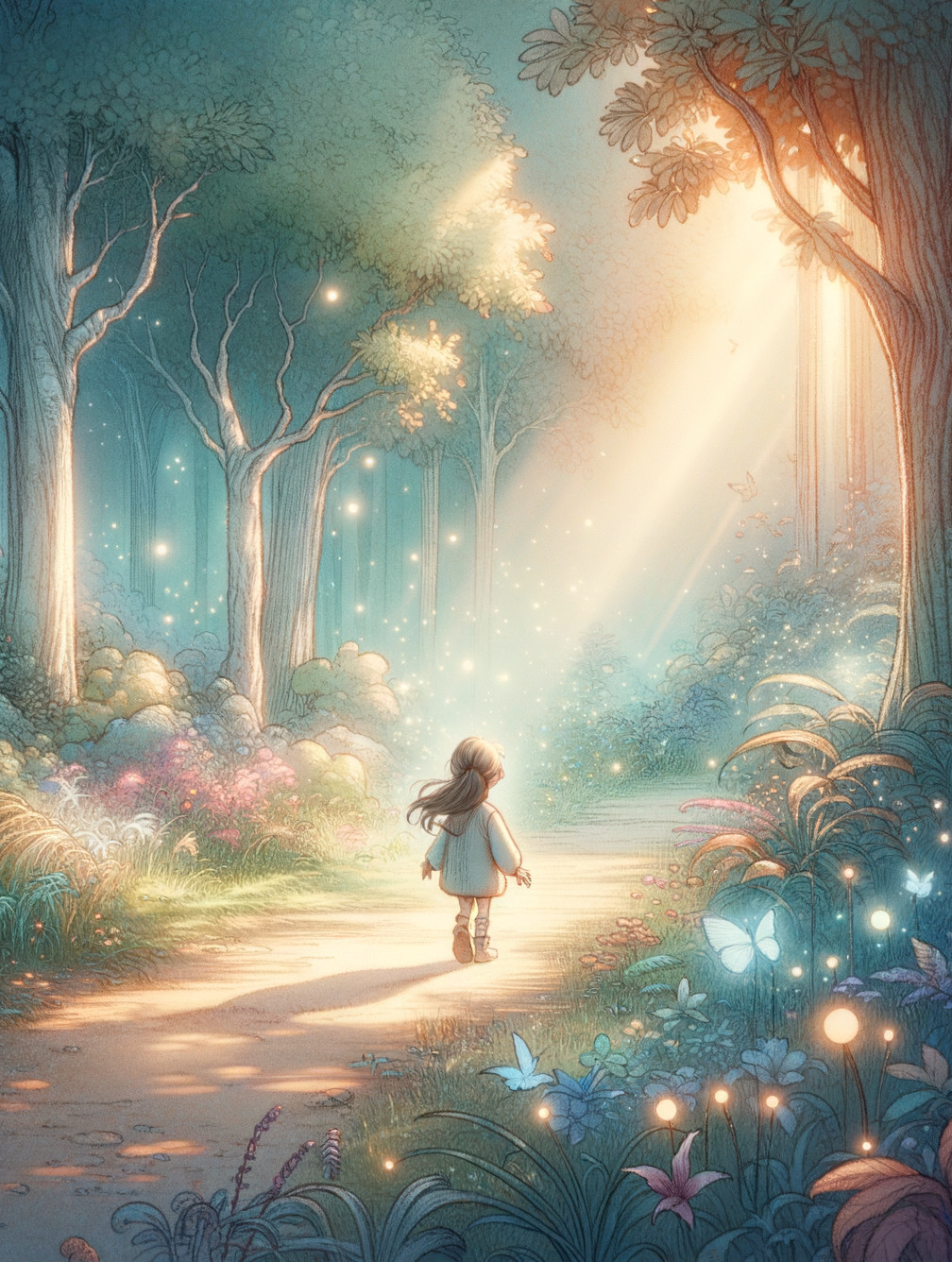 Enchanting Forest Scene with Young Girl and Butterflies