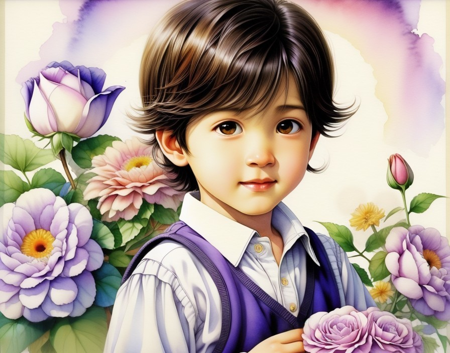 Charming Boy with Colorful Flowers in Pastel Setting