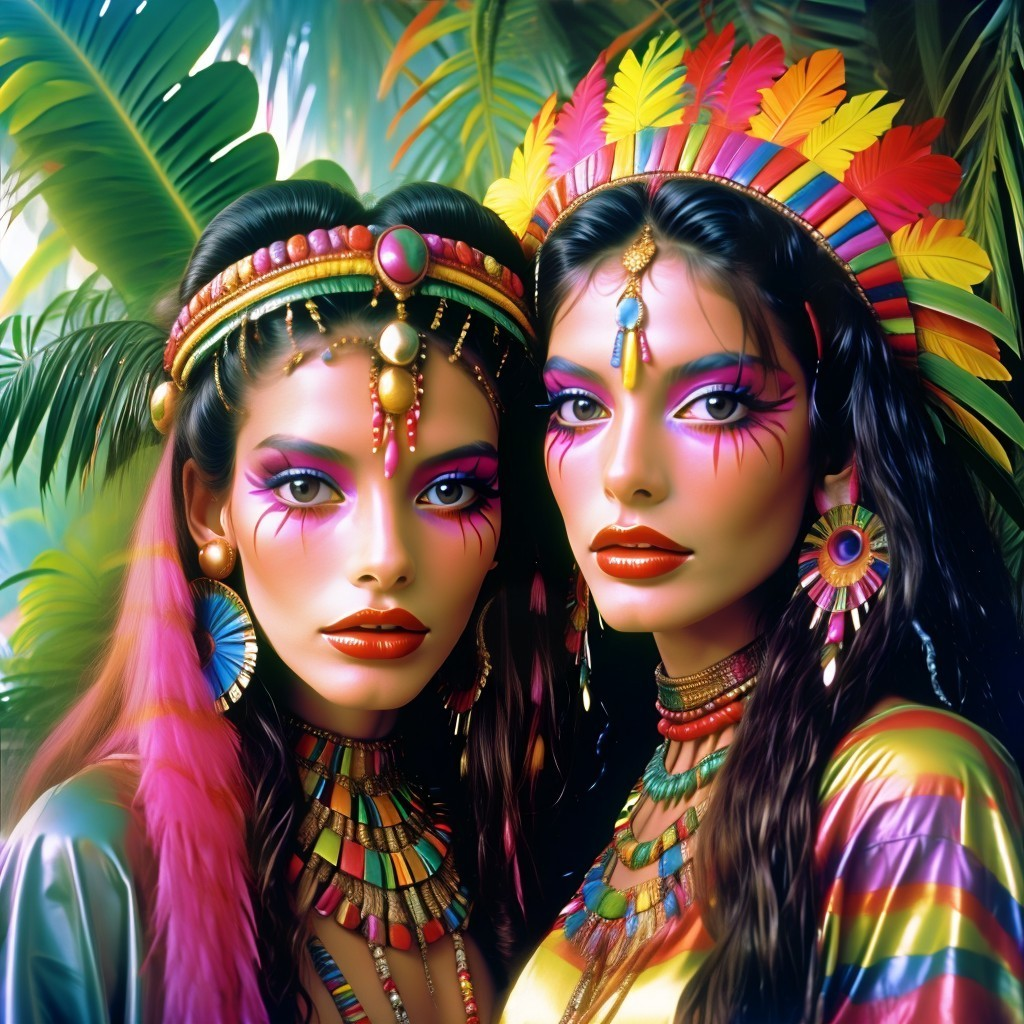 Vibrant Makeup and Jewelry on Women in Tropical Setting
