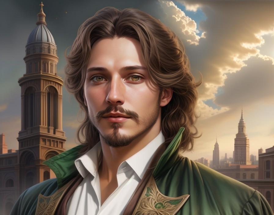 Young man in green coat against city skyline backdrop