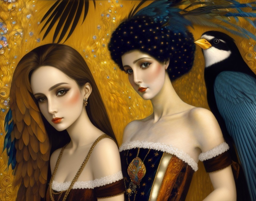 Elegant women in ornate outfits with vivid background