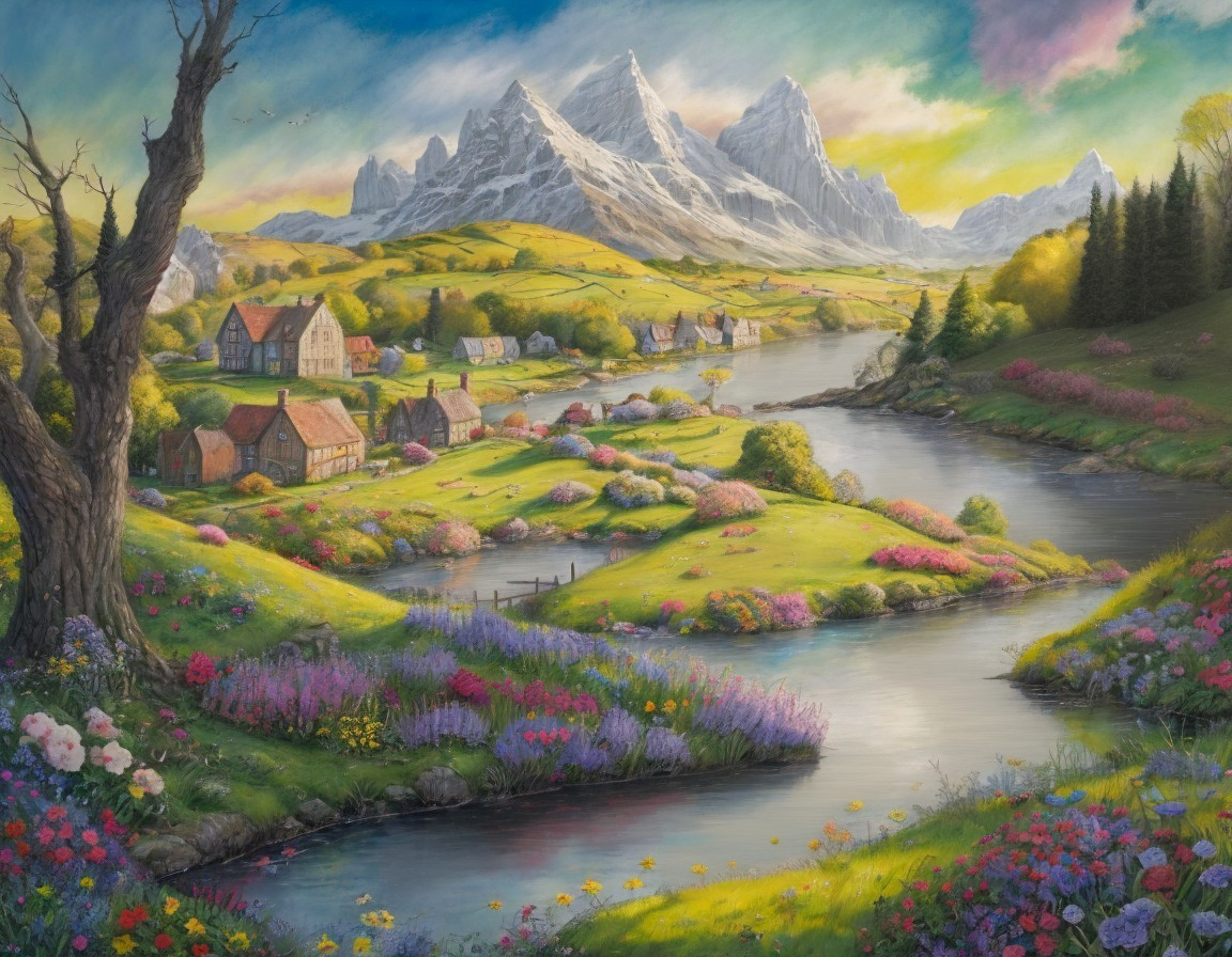 Scenic painting of valley, river, flowers, houses, mountains