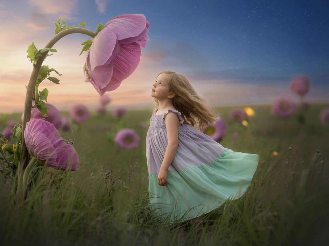 Young girl in pastel dress among vibrant flowers