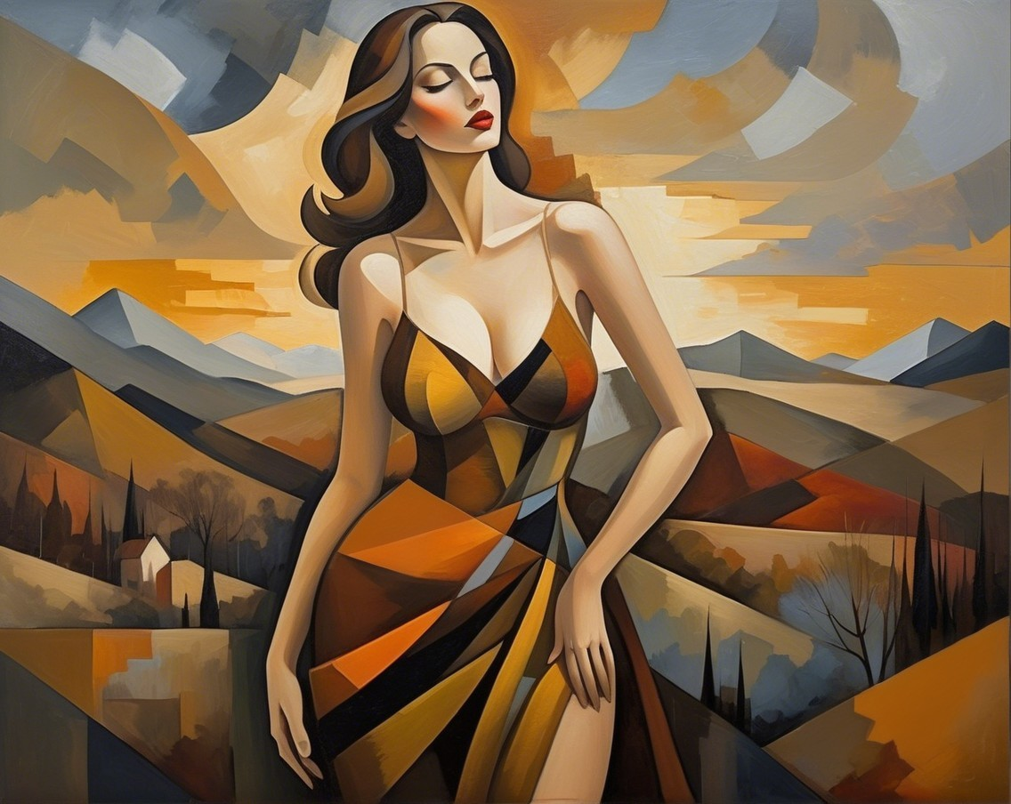 Stylized Woman in Vibrant Dress with Geometric Background
