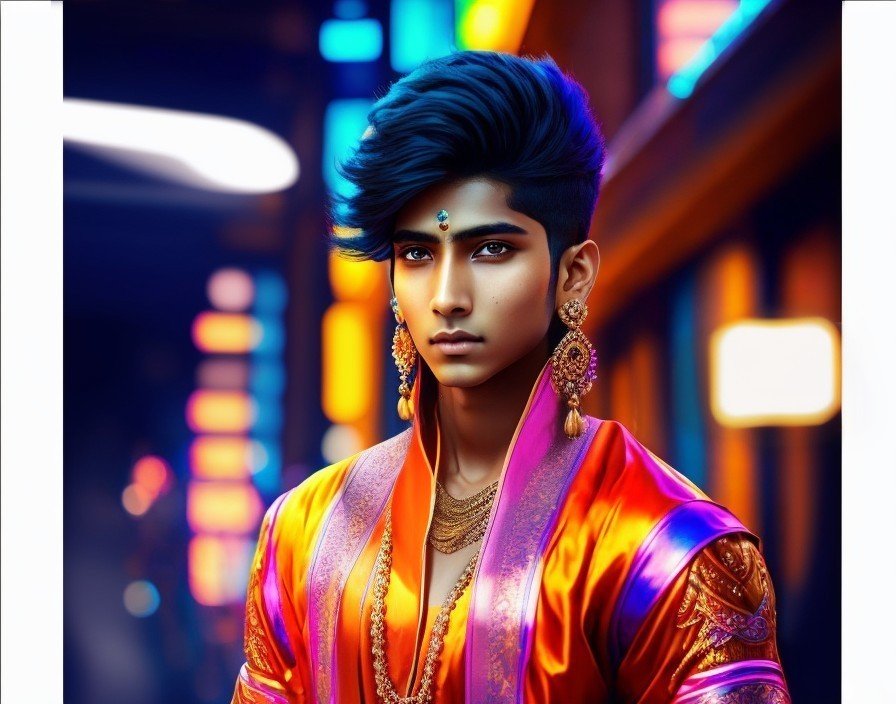 Young man in ornate outfit with vibrant designs