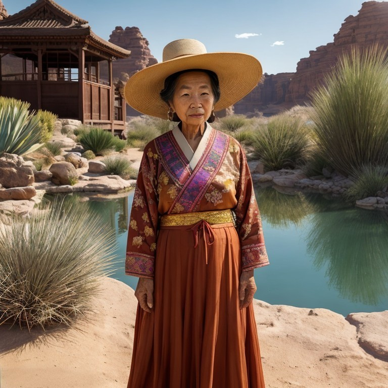 Elderly Woman in Traditional Outfit in Serene Landscape