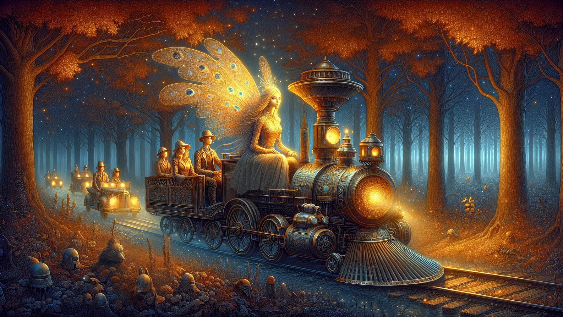 Vibrant Steam Train in Enchanted Forest Scene