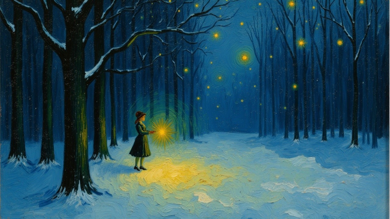 Young girl in winter forest with glowing light and stars