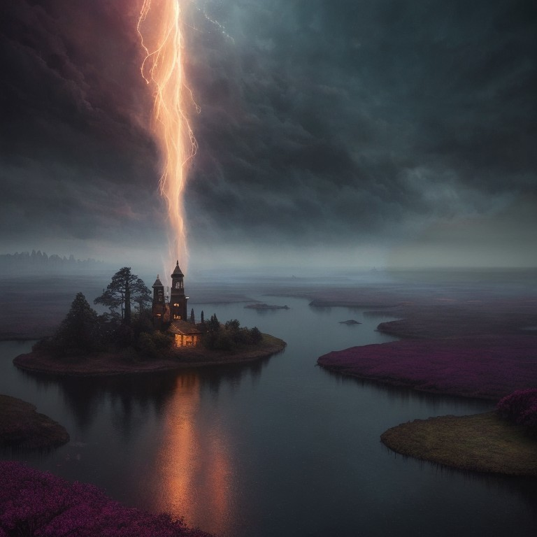 Lightning Strikes Castle on Lush Island with Flowers
