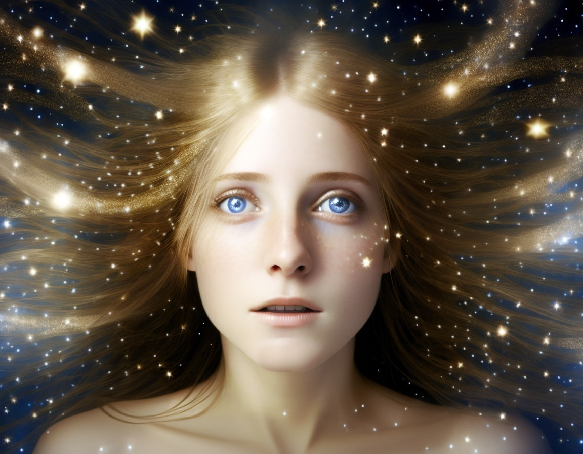 Young Woman in Cosmic Setting with Shimmering Hair