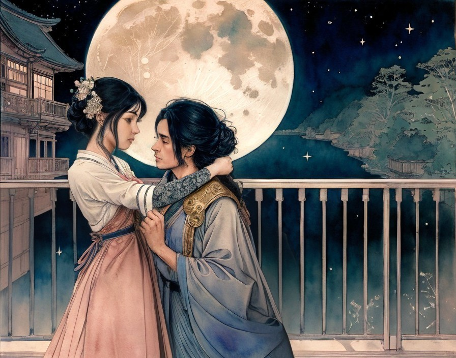 Romantic Moonlit Embrace of a Young Couple
