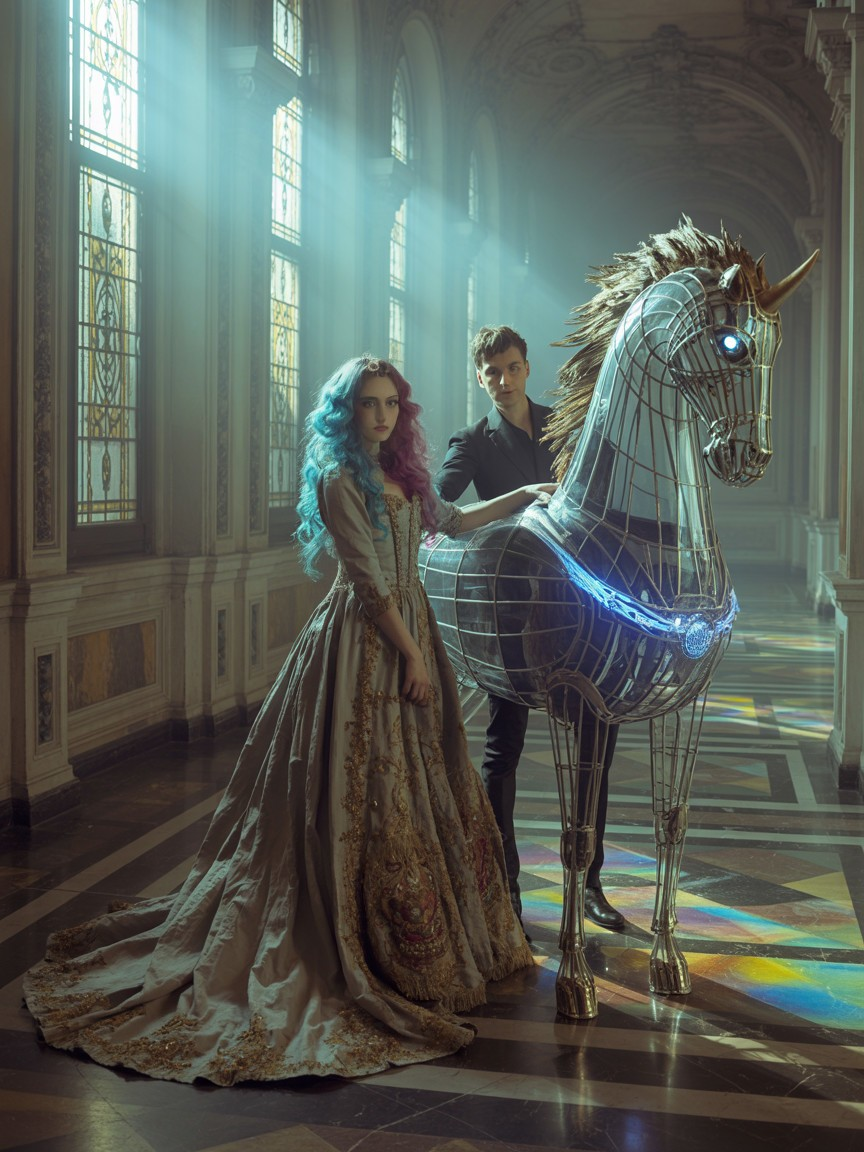Ornate Gown and Futuristic Horse in Enchanted Hall