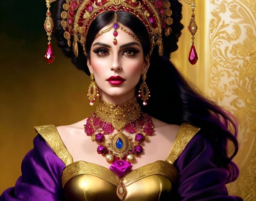 Elegantly Adorned Woman in Purple and Gold Gown