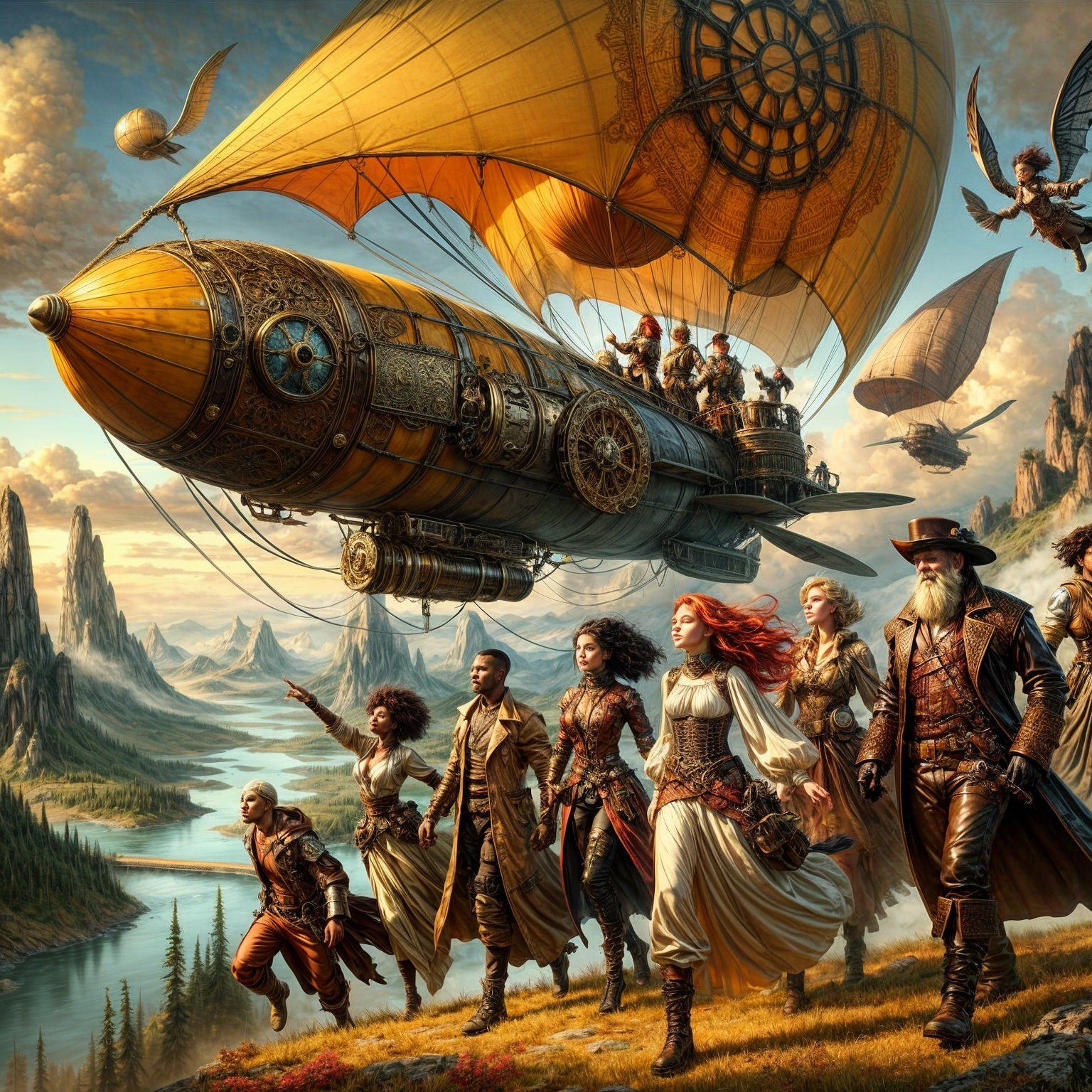 Diverse Adventurers with Steampunk Airship in Landscape