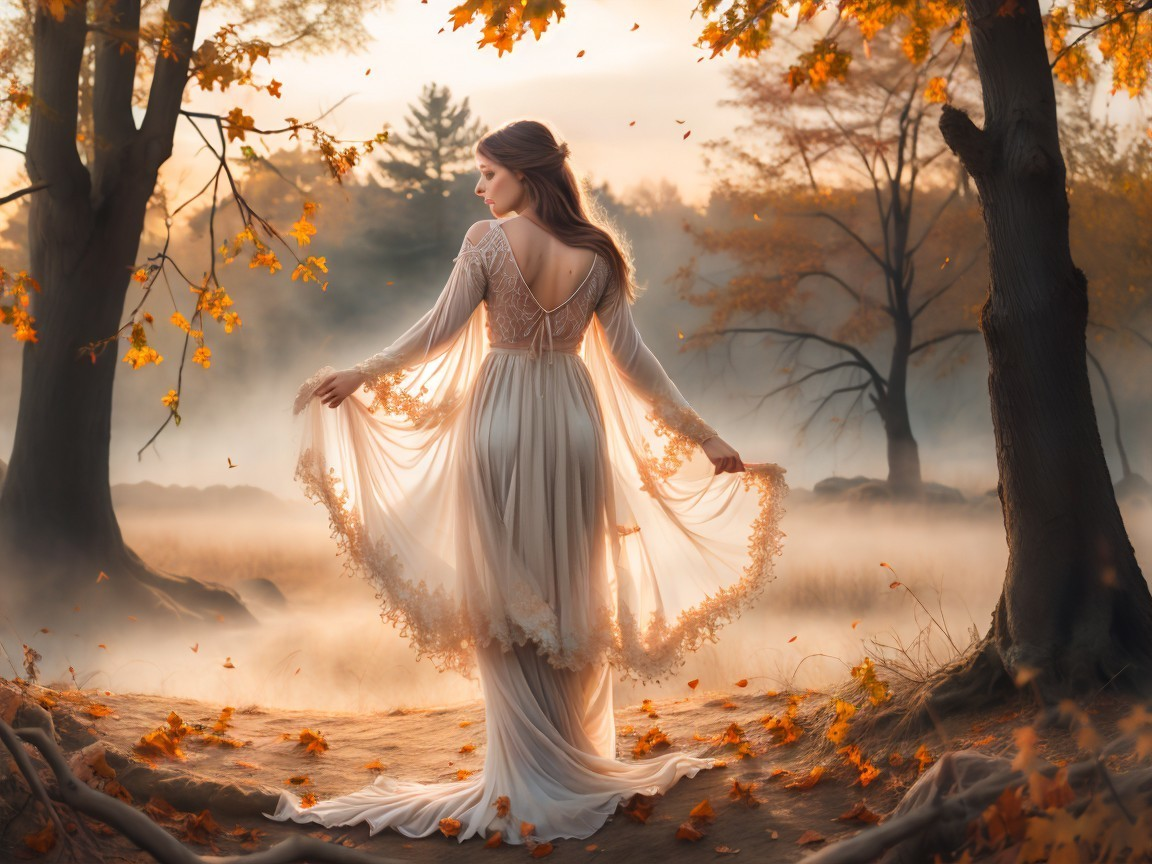 Autumn Landscape with Woman in Flowing Gown