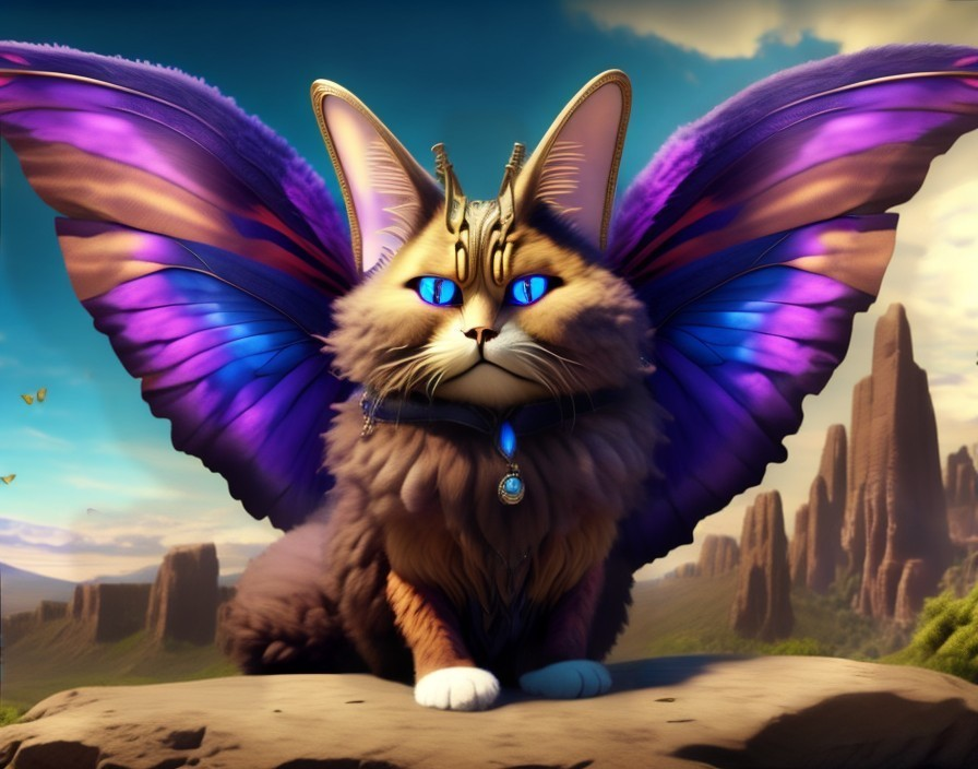 Fantastical Cat-Butterfly Creature in Scenic Landscape