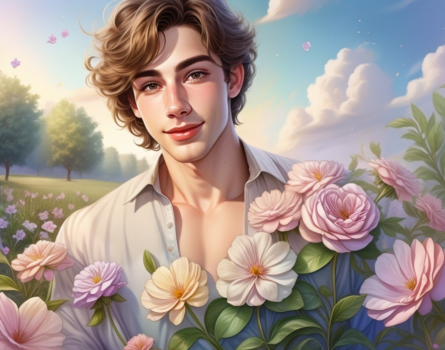 Young man in a flower field with serene backdrop