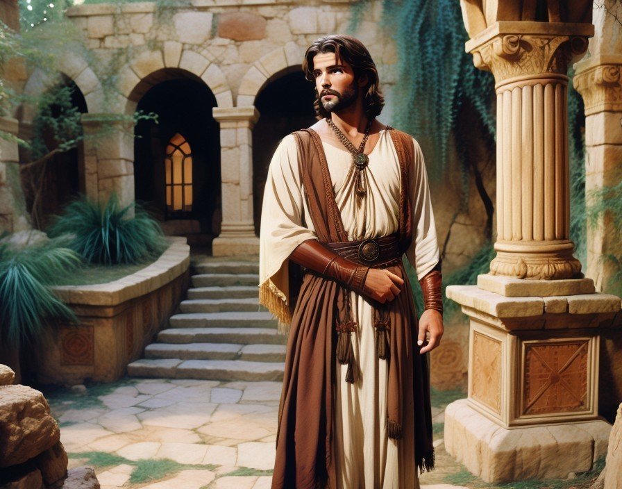 Man in Robe Amidst Historic Stone Architecture
