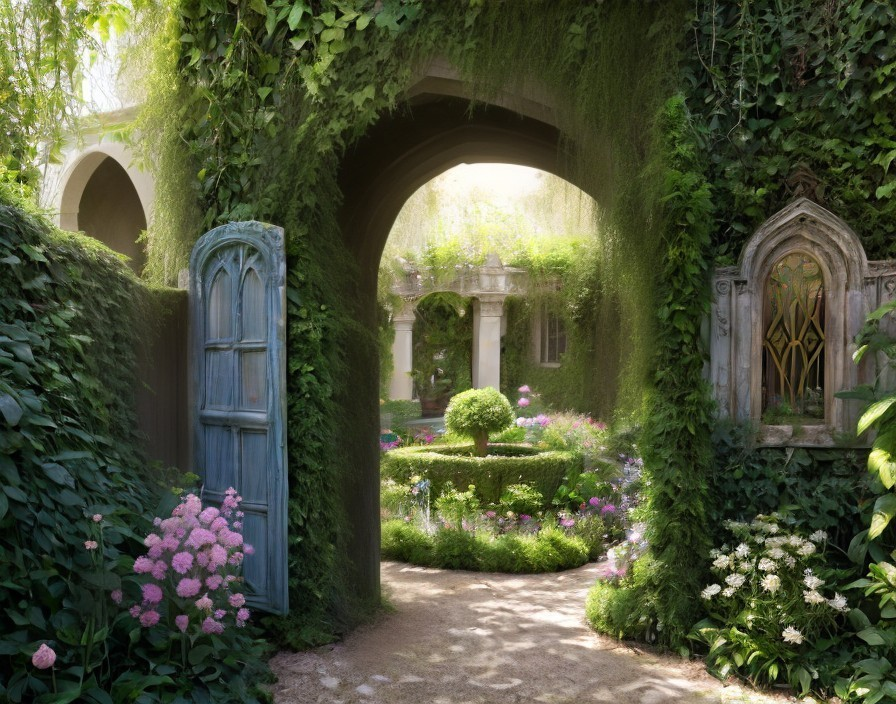 Serene garden scene with lush greenery and flowers