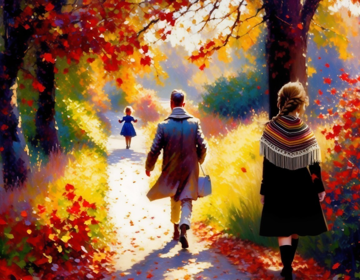 Autumn Pathway with Vibrant Leaves and Strolling Figures