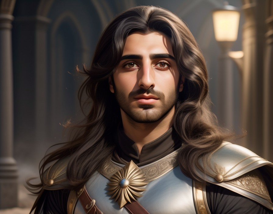 Young man in detailed armor with sun emblem in light