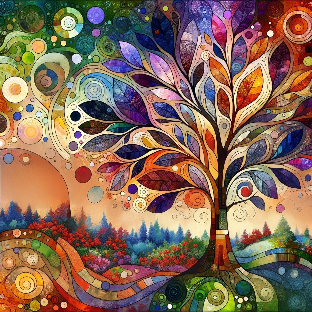Colorful Abstract Landscape with Stylized Tree Design