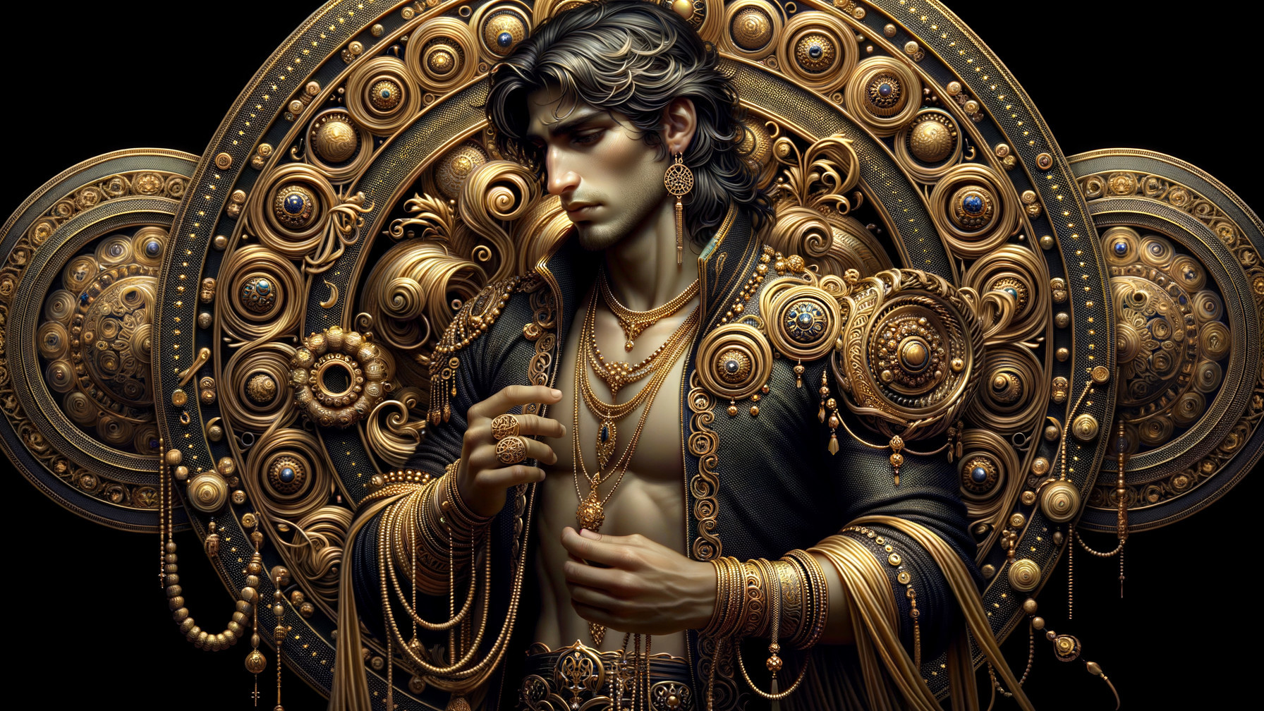 Elegant figure against ornate gold backdrop with jewelry