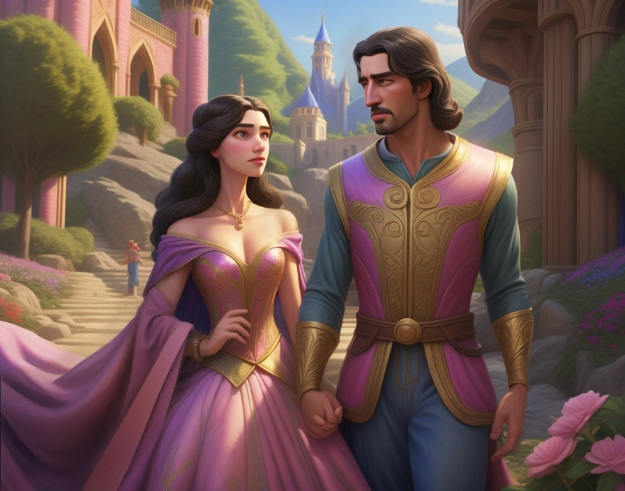 Prince and princess in a fantasy landscape with elegance