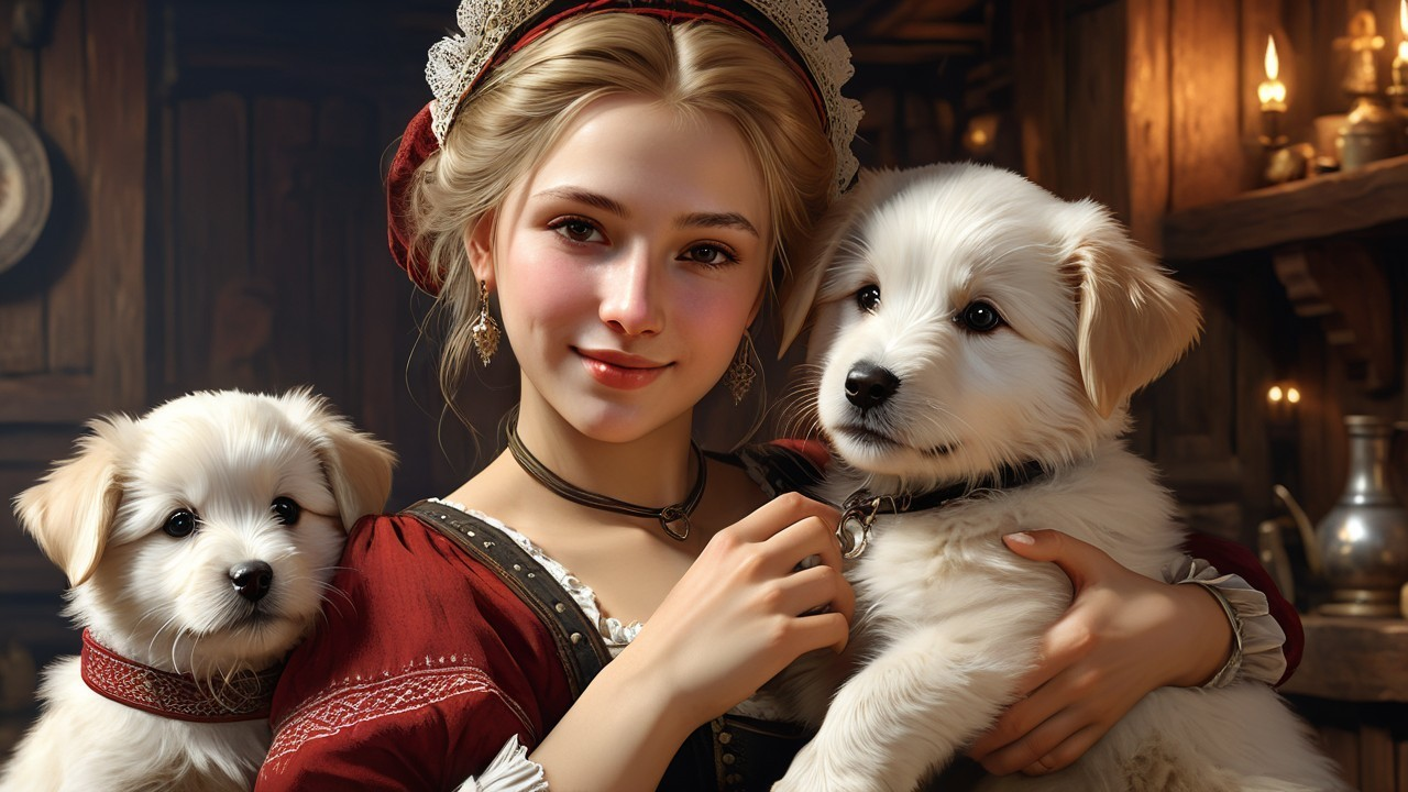 Young Woman in Traditional Attire with Puppies