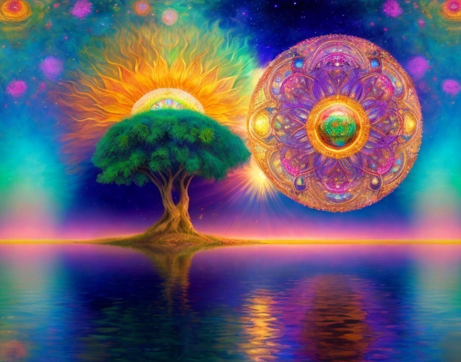 Vibrant Cosmic Scene with Luminous Tree and Mandala