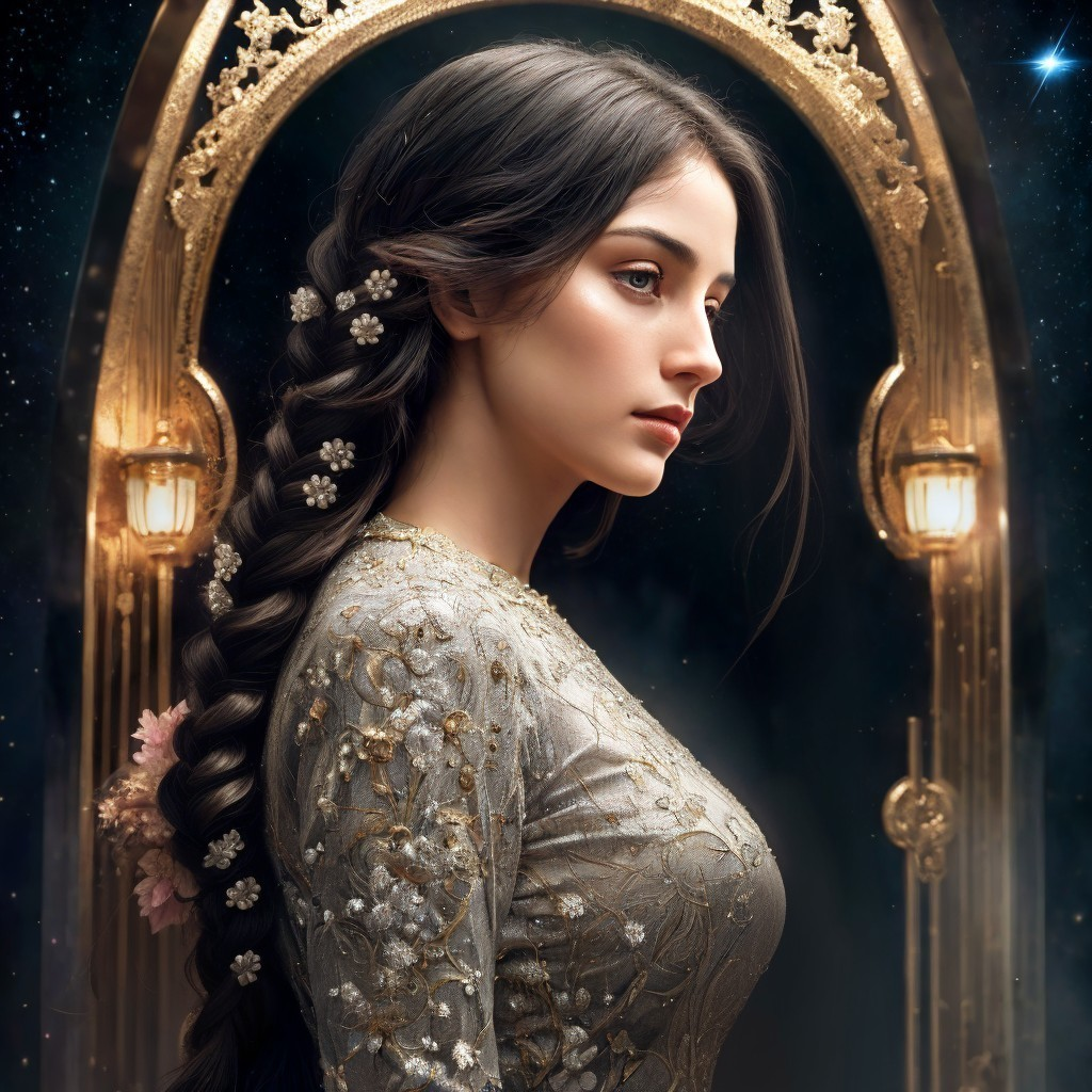Young woman in elegant gown with celestial backdrop