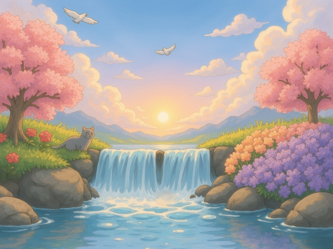 Serene Landscape with Waterfall and Cherry Blossoms