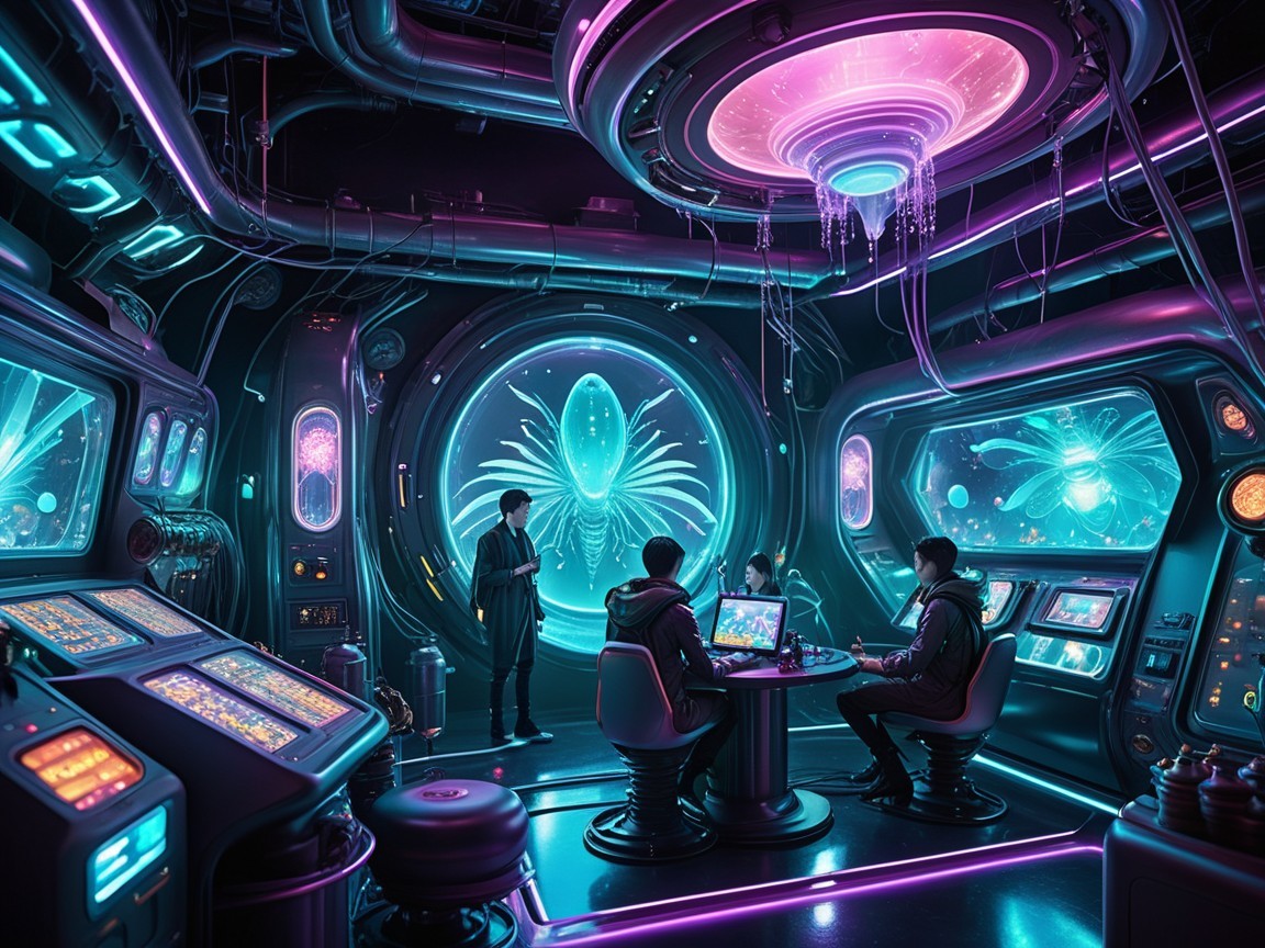 Futuristic Control Room with Ethereal Creature Observation