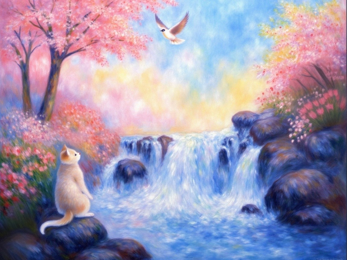 Serene landscape with waterfall and blossoming trees
