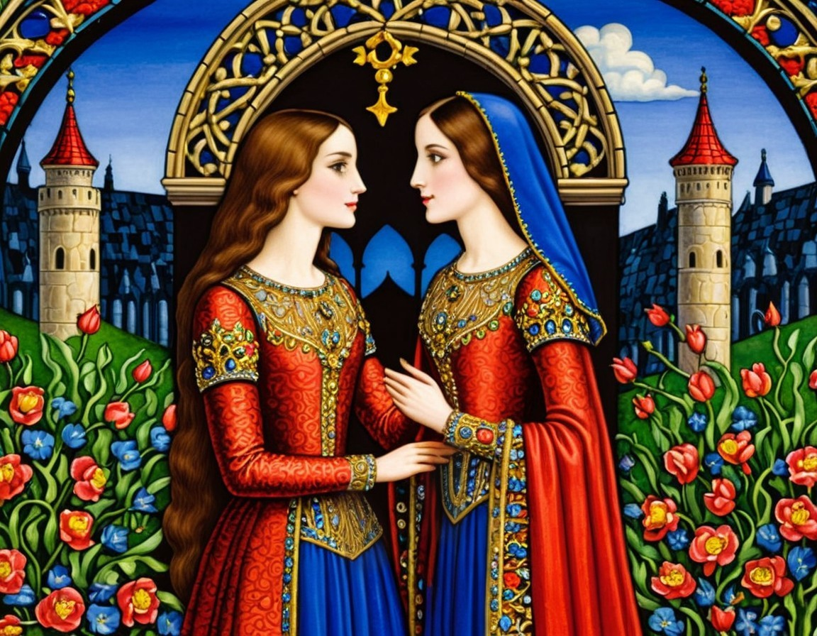Elegantly Dressed Women in Vibrant Gowns Under Arch