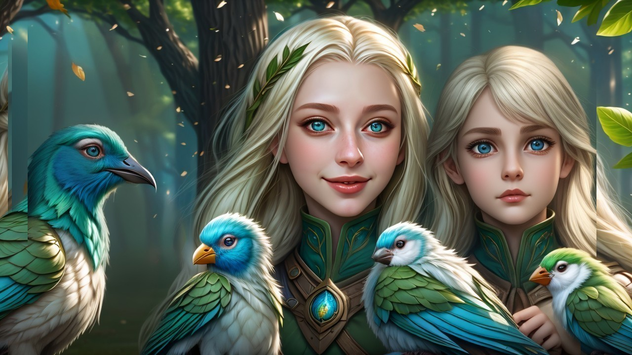 Young Women in a Mystical Forest with Colorful Birds