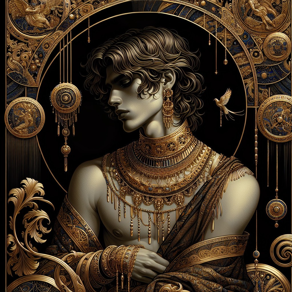 Regal Figure in Golden Jewelry and Ornate Motifs